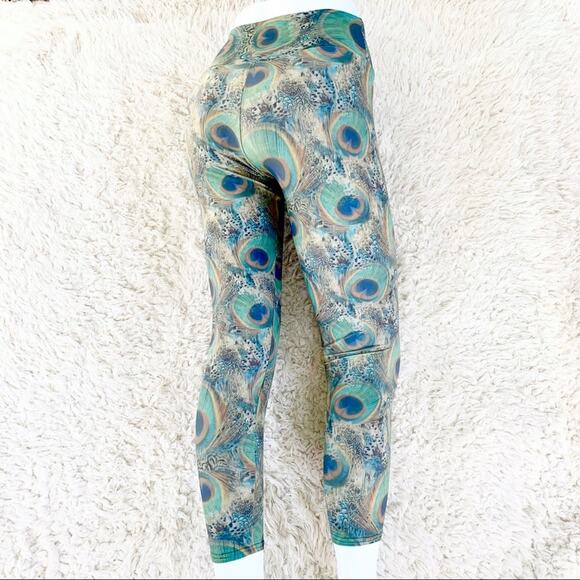 AUTOMATIC Peacock Print Leggings Green & Gold High Waist Tights size XS - Picture 2 of 9
